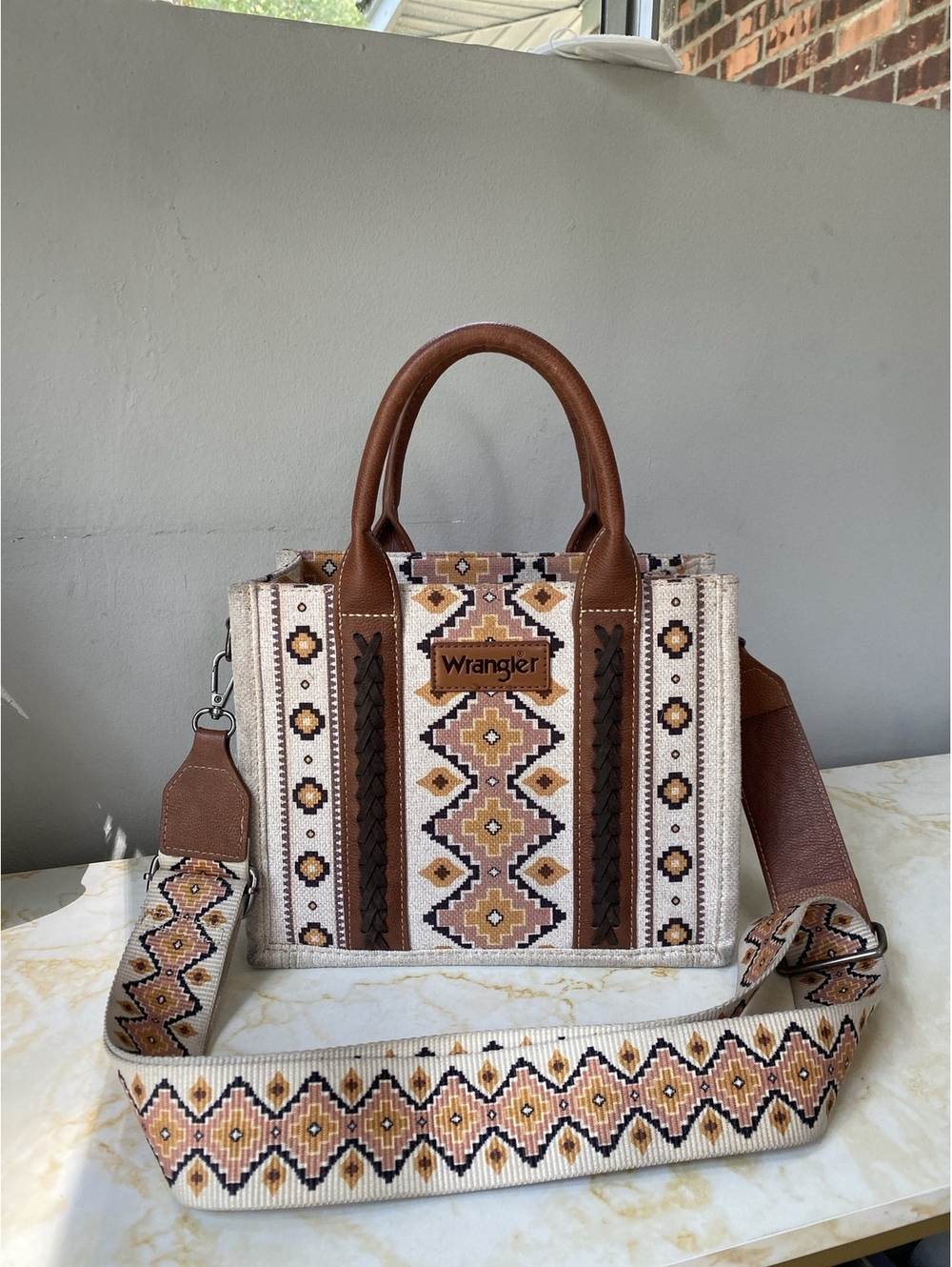 Wrangler Brown Cream Geometric Tote with Shoulder Strap